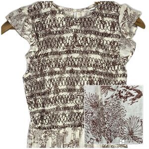 MINE Anthropologie Blouse Smocked Peplum Flutter Sleeve Womens S Cream Brown